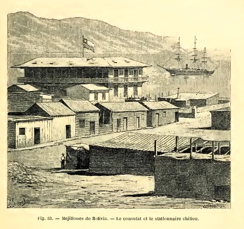 MEJILLONES BAJO ADMINISTRACIÓN BOLIVIANA: es 1874 y la bandera chilena se debe a que se trata del consulado nacional.